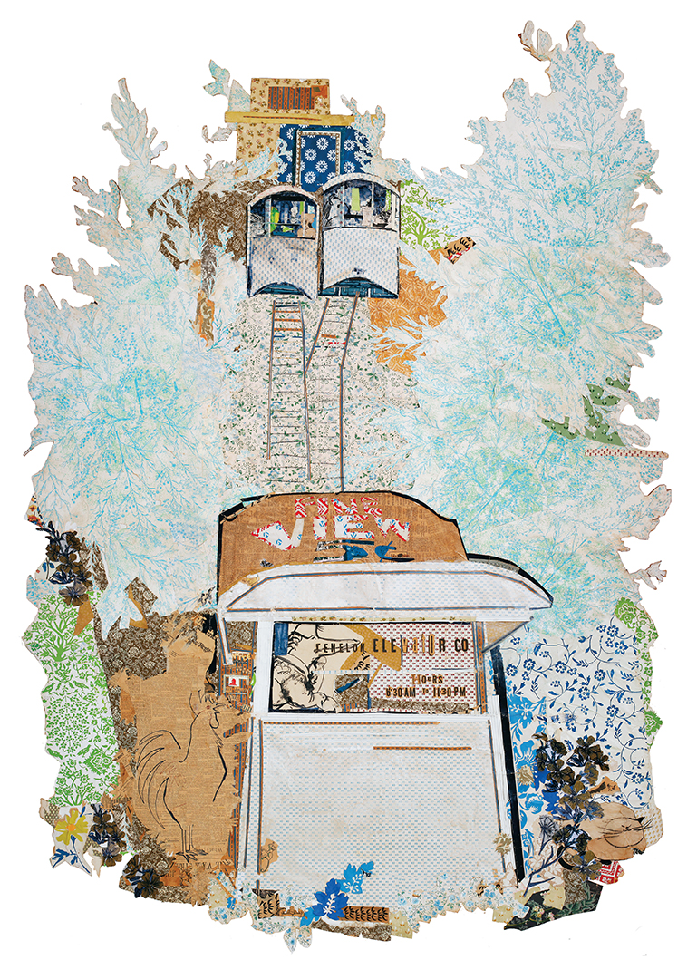 Janet Ruttenberg, Dubuque Elevator, 2014. Inkjet on paper, 100” x 72”, updated image of early collage on paper adhered to plywood, 95 ¾ x65 ¾ in., collection of the artist.