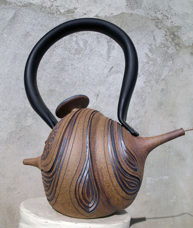 Rich Robertson, Plump Spout Tea? - Not!, 2019, stoneware, rubbed iron stain, and PVC handle, 19x14x8.75 inches, collection of Gerri Summerville