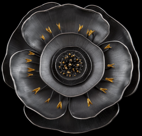 Judith Kinghorn, Silver Poppy Pin Pendant, 2019 (design 2006), gold and oxidized sterling silver, 3.125x3.125x.75 inches, collection of the artist