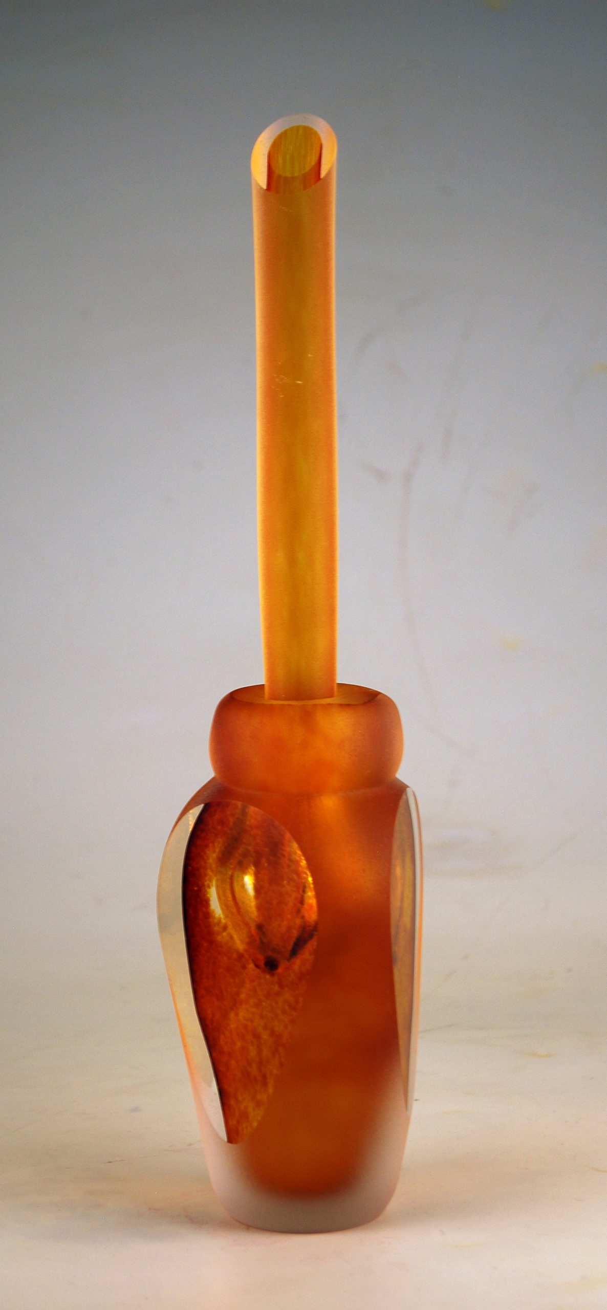 Andrew Shea, Amber Perfume Bottle with Drop Stopper, 2019, blown glass, 10.75x2.75x2.75 inches, collection of the artist