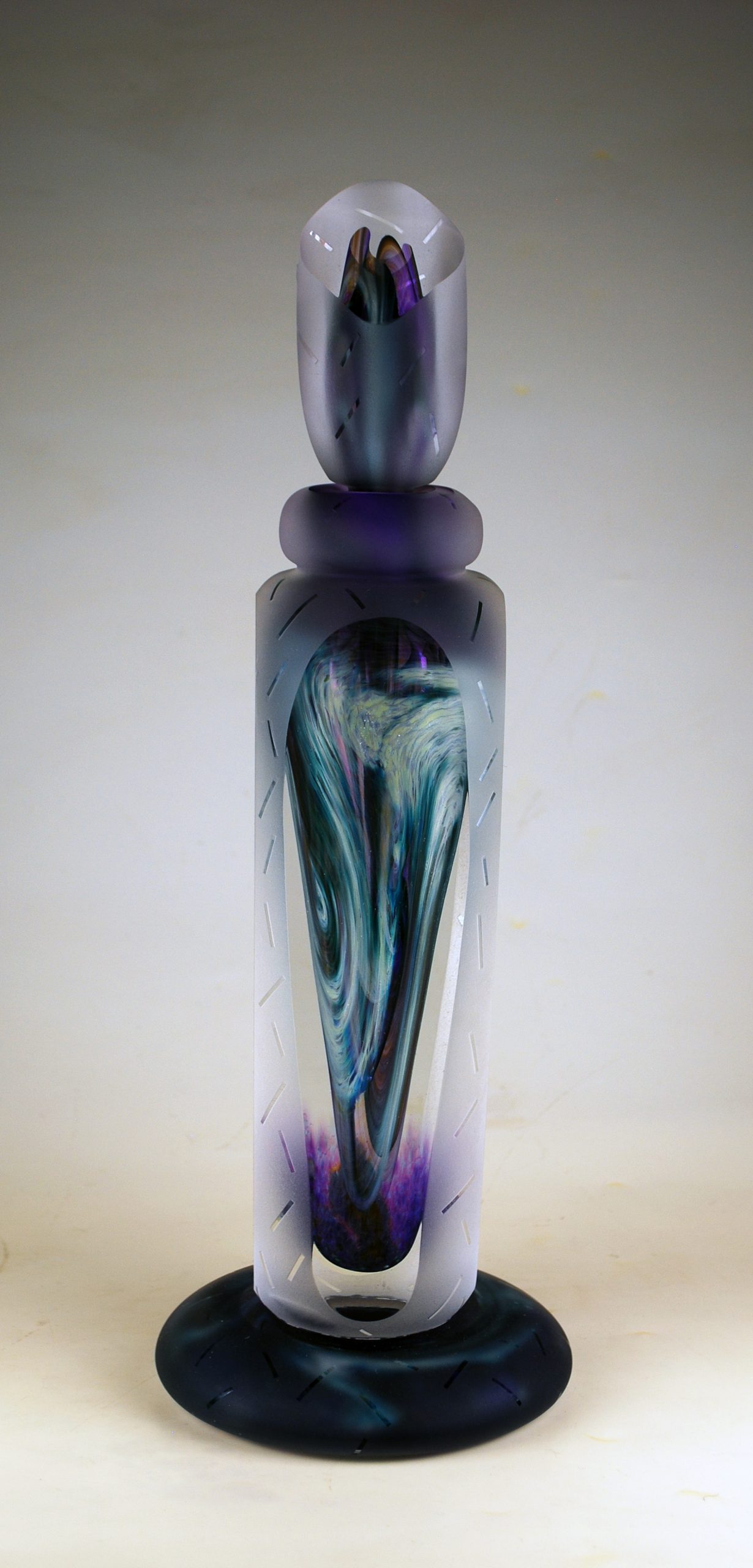 Andrew Shea, Large Amethyst Perfume Bottle, 2018, blown glass, 16x5.5x5.5 inches, collection of the artist
