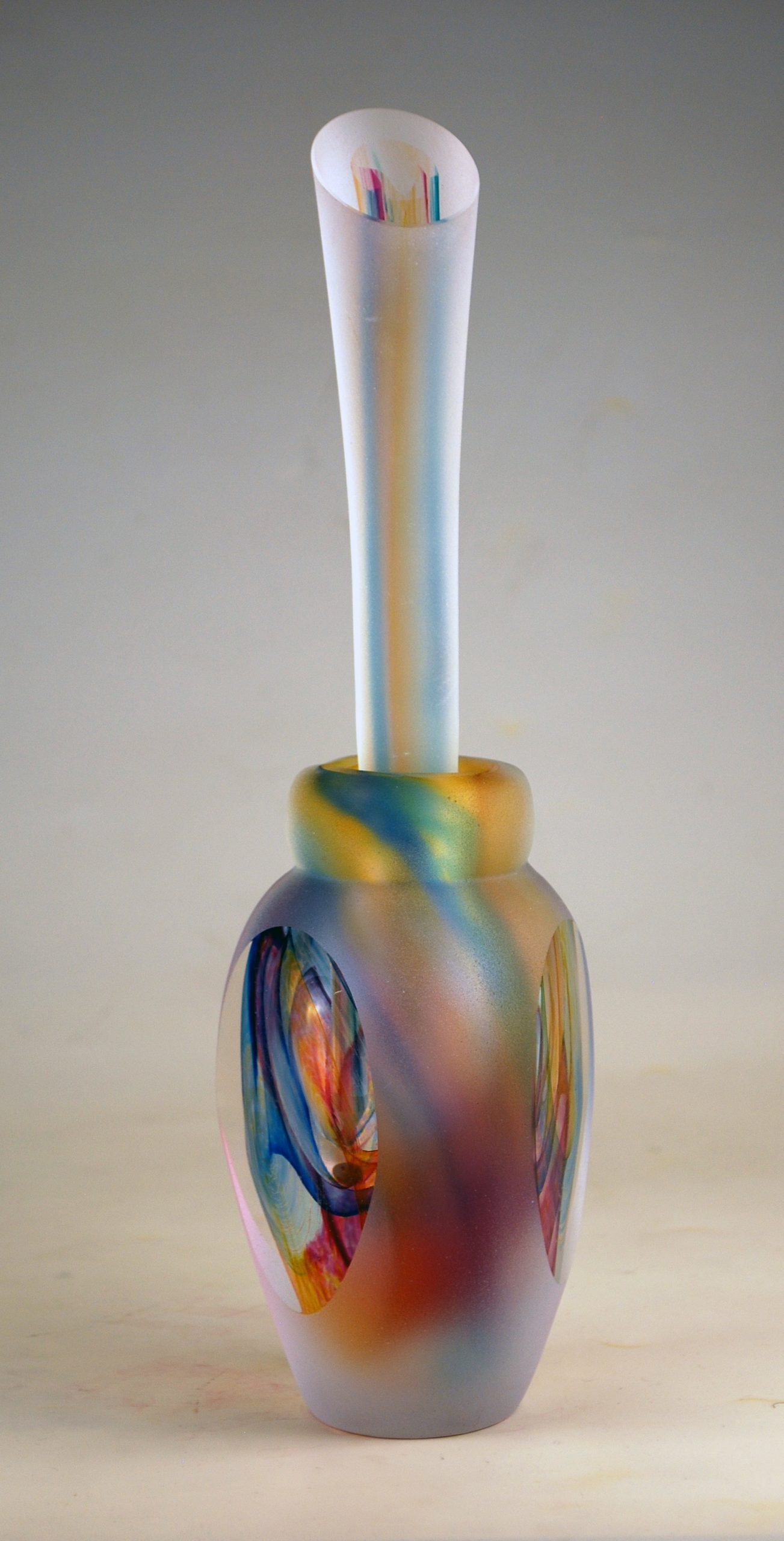 Andrew Shea, Multi-Color Swirl Perfume Bottle with Drop Stopper, 2020, blown glass, 10.75x3.25x3.25 inches, collection of the artist