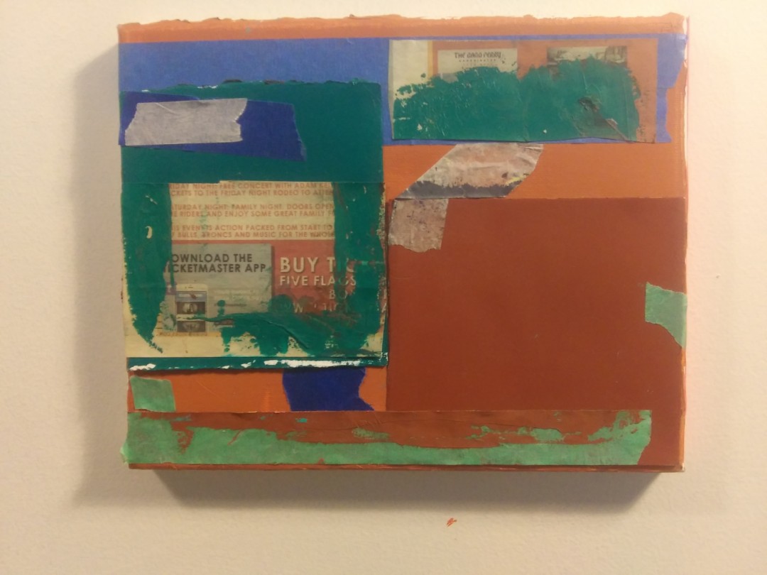 Daniel O'Brien, Untitled, 2020, oil, acrylic, paper, newspaper, and tape on canvas, 8x10 in. ea., Collection of the artist