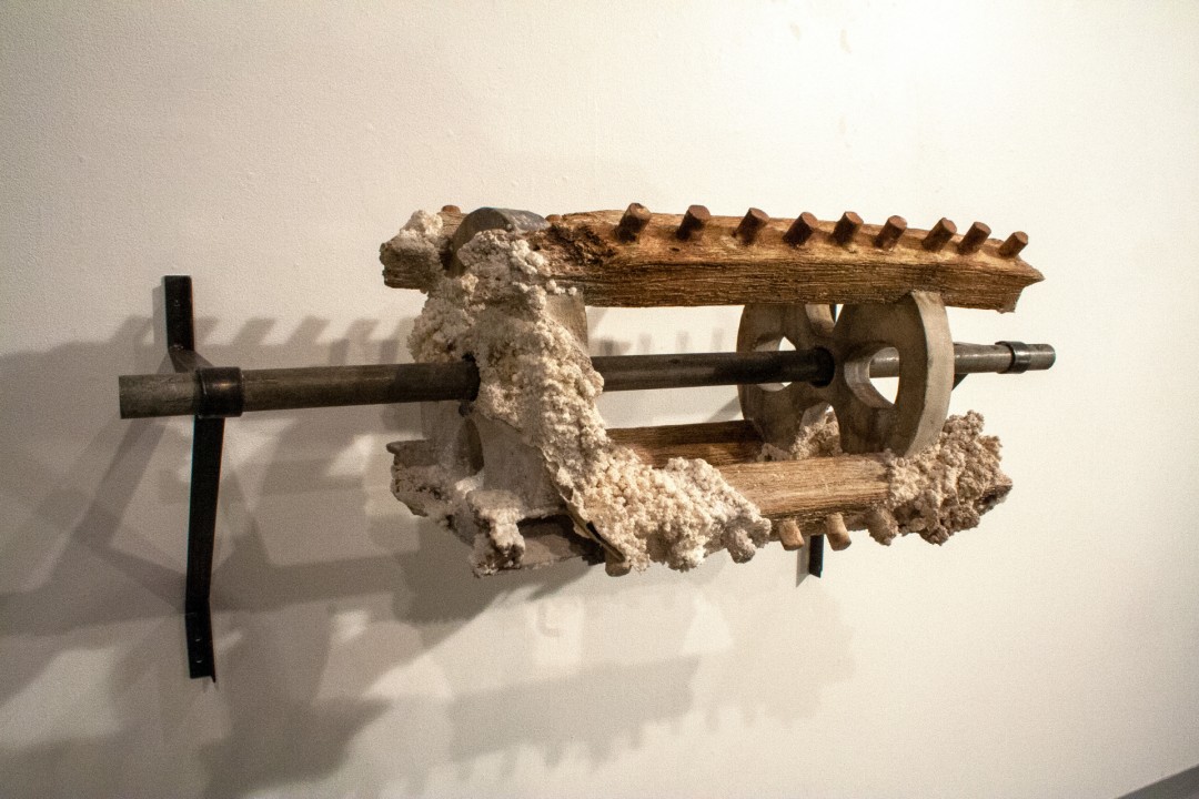 Brant Weiland, Warped and Weft, 2020, Ceramic sculpture encrusted with salt, 50x42x18 in., Collection of the artist