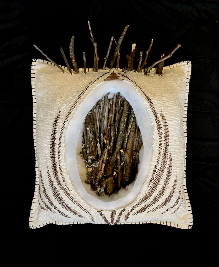 Natalie Murdock, Frayed Ends, 2020, Found pillow, sticks, and thread, 25x25x6 in., Collection of the artist