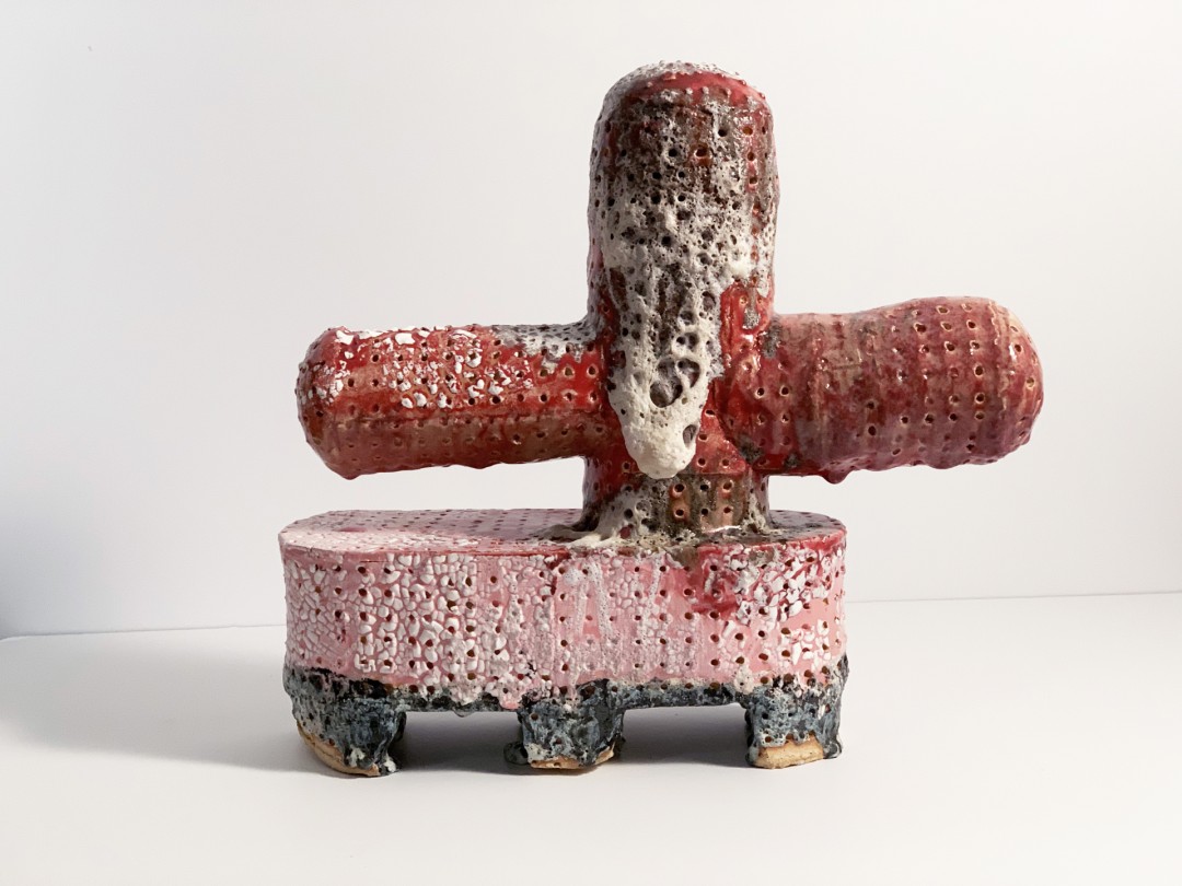 Jill Birschbach, Pink Cross, 2019, Stoneware, slip, and glaze, 24x20x8 in., Collection of the artist