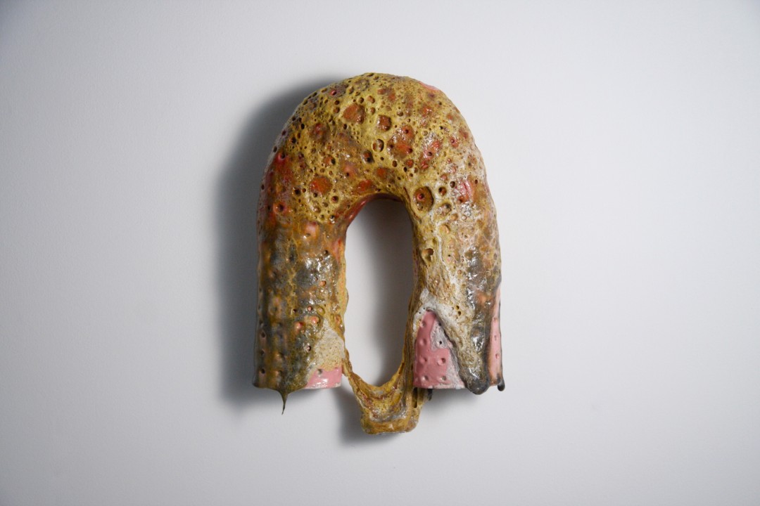 Jill Birschbach, Yellow-Pink Arch, 2020, Stoneware, slip, and glaze, 18x15x4 in., Collection of the artist