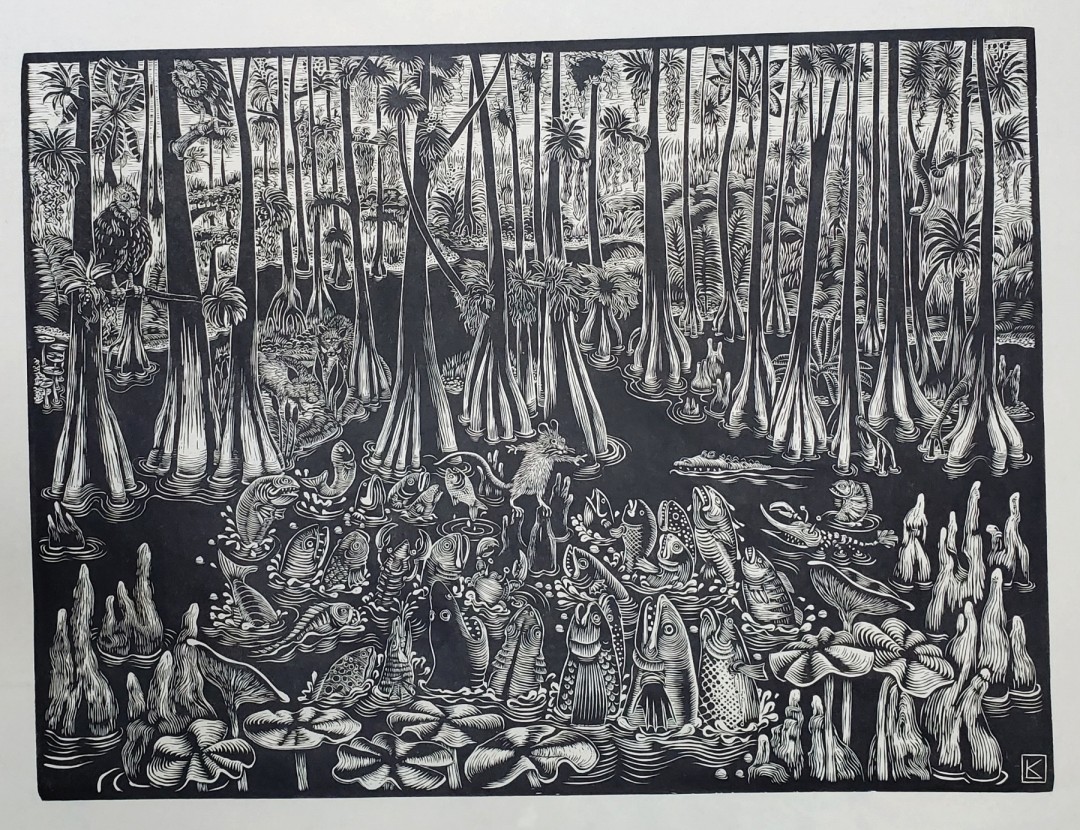 Linda Kelen, Swamp, 2019, Cherry woodblock print, 24x29.5 in., Collection of the artist