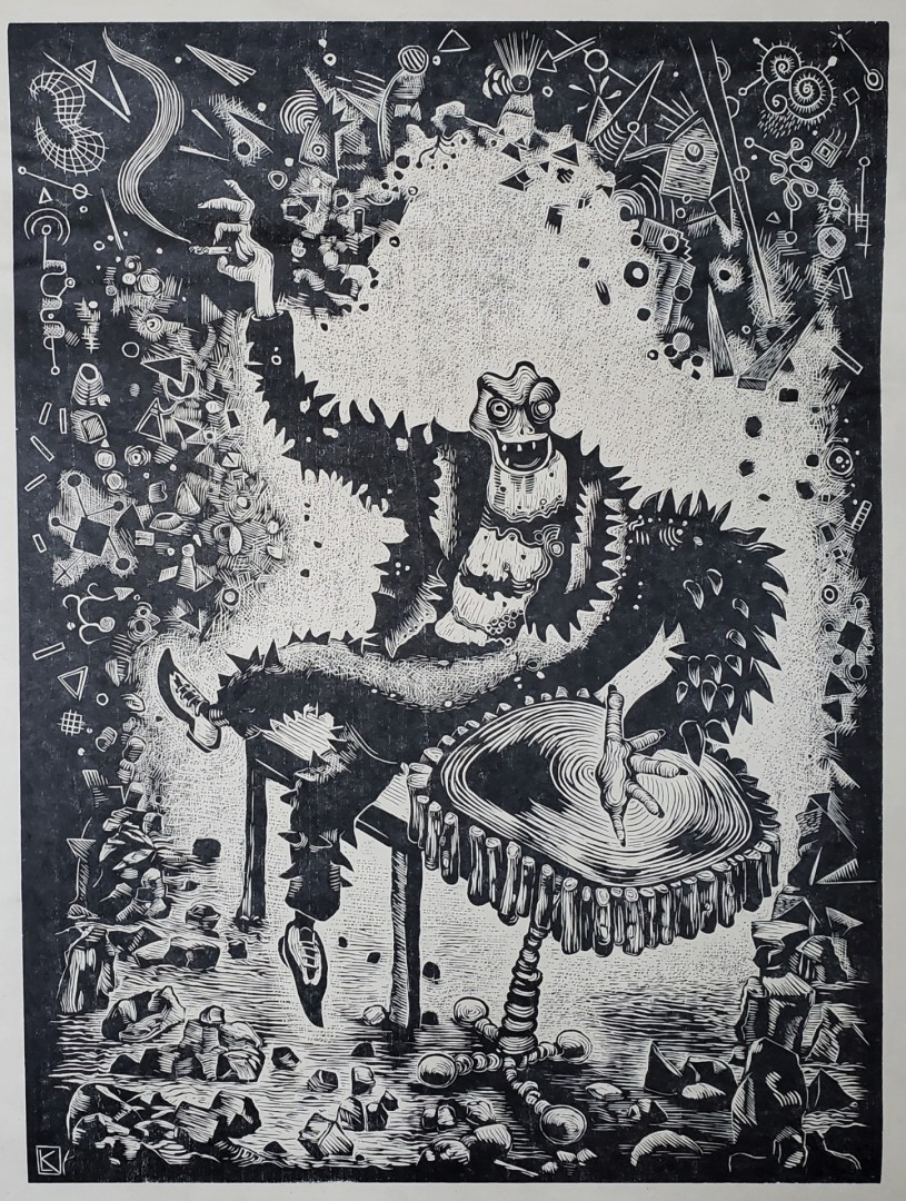 Linda Kelen, Littlehead, 2021, Cherry woodblock print, 24x29.5 in., Collection of the artist