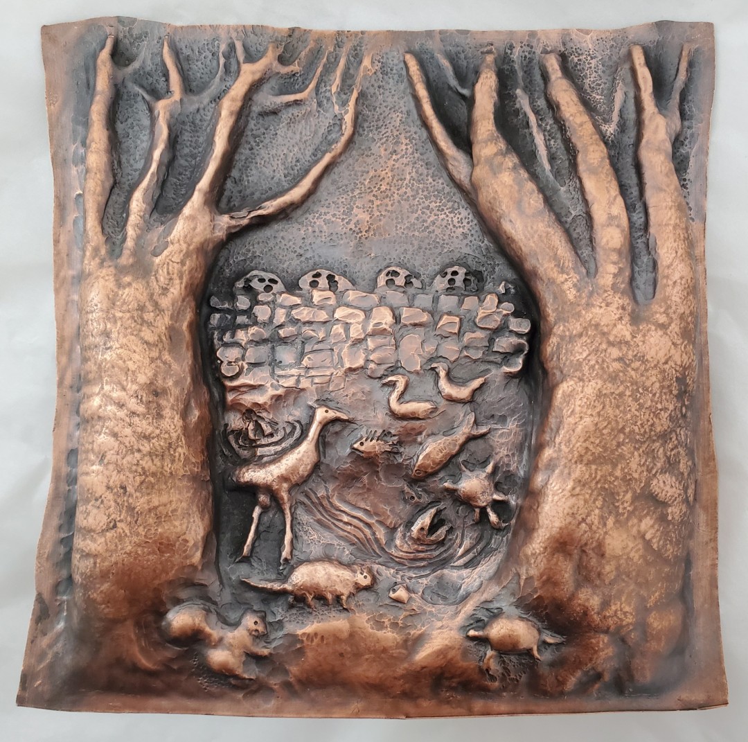 Linda Kelen, Pirate Island Moat, 2020, Chased and repoussed copper sheet, 14x14 in., Collection of the artist