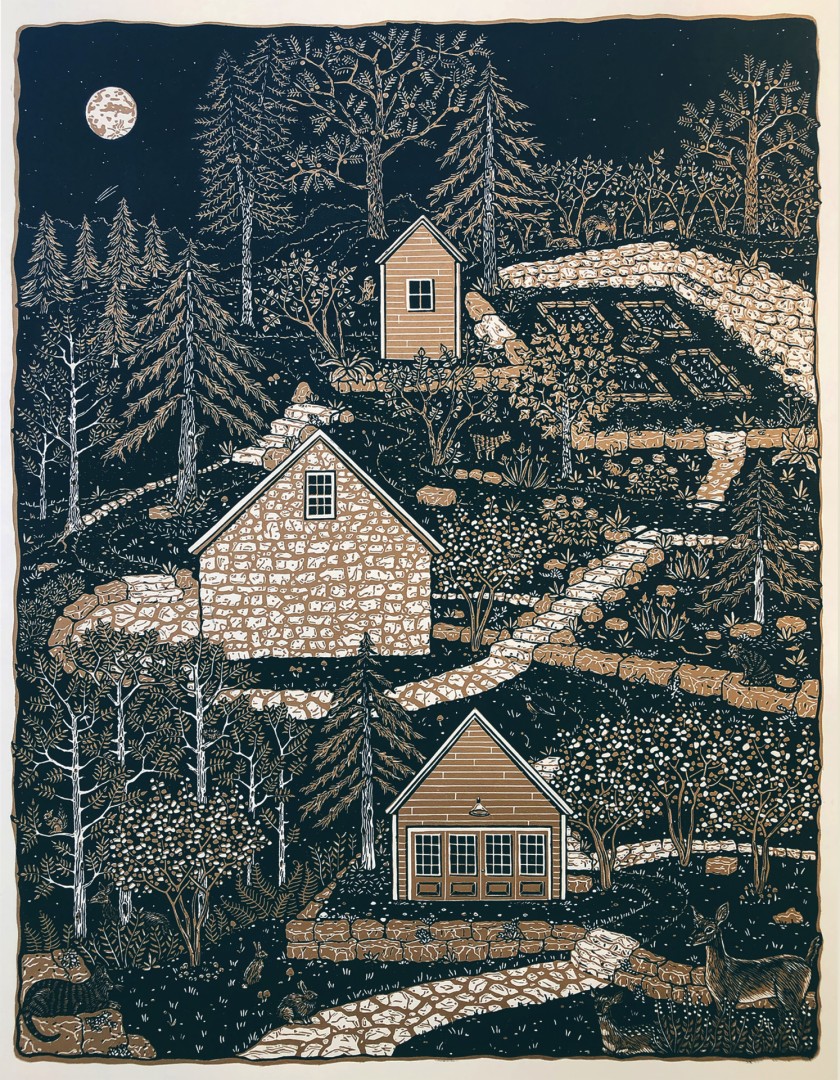 Wendi Dibbern, Quarry House, 2021, Multi-block linoleum print on paper, 27x22 in., Collection of the artist