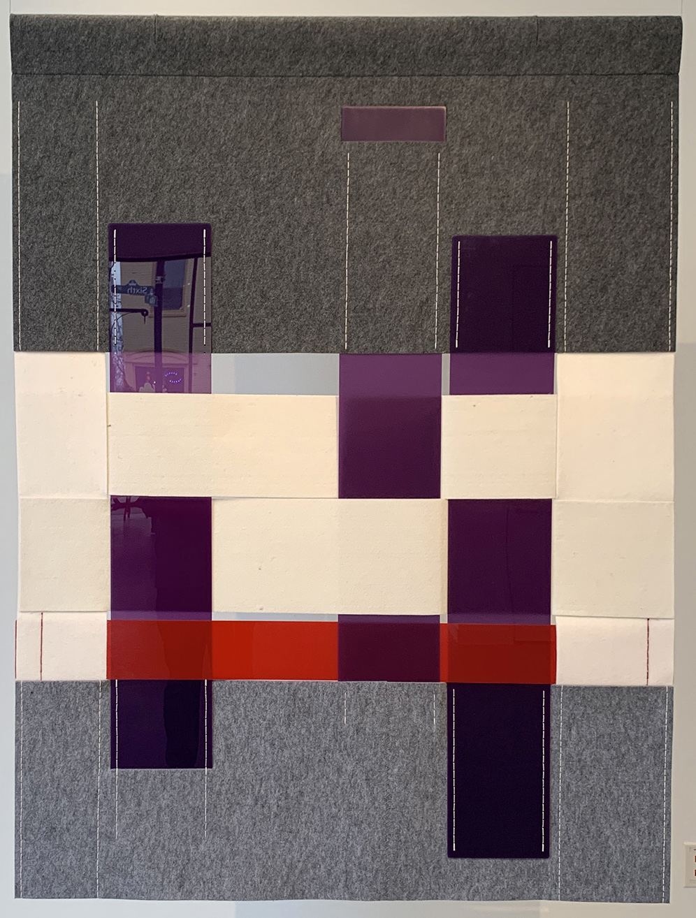 Collective 24 (pi: 785…746), 2022, 4.7mm acrylic felt, translucent and sanded 1/8” acrylic sheets, 8/4 cotton carpet warp yarn, size 5 pearl cotton thread, PVC and aluminum pipe, 68 x 51 x 1.5
