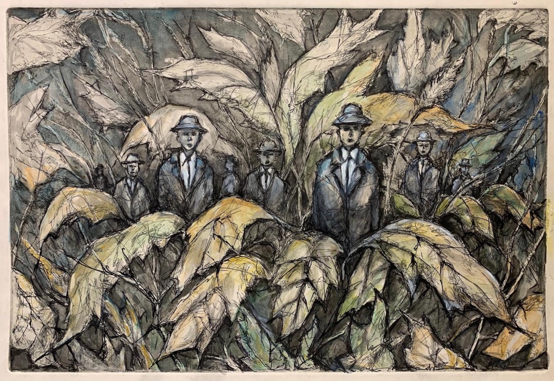 Dan Brinkmeier, The Shame of the Jungle (Monday Morning), 2023, Etching with quill pen and ink, ink washes, and acrylic wash, 13" x 18.5"