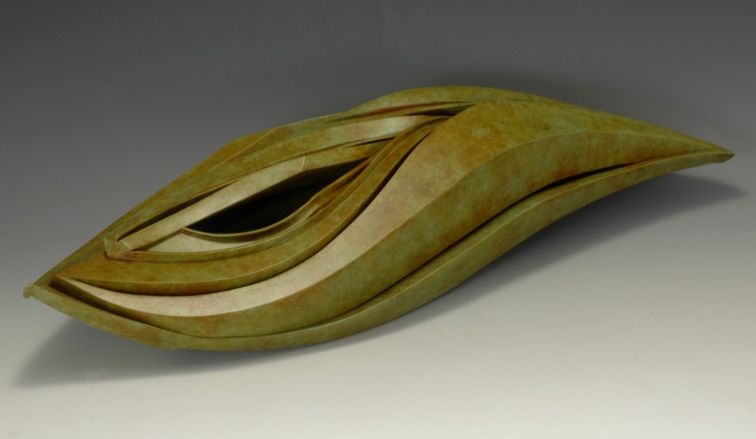 Darlys Ewoldt, All My Boats Are Leaving, 2022, Bronze and copper with patina, 3.5" x 9" x 20"