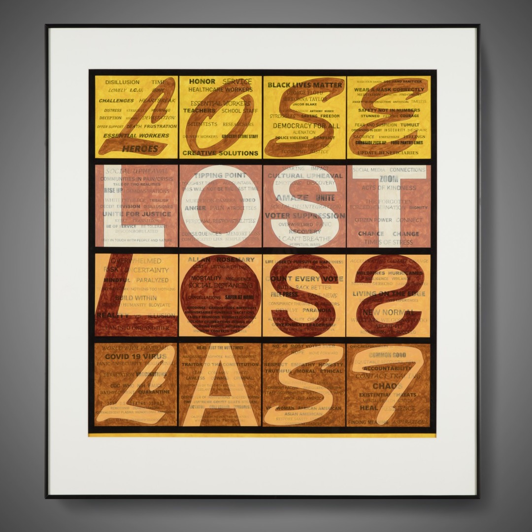 Artist charles wickler acrylic on printed paper titled 2020: the lost year.