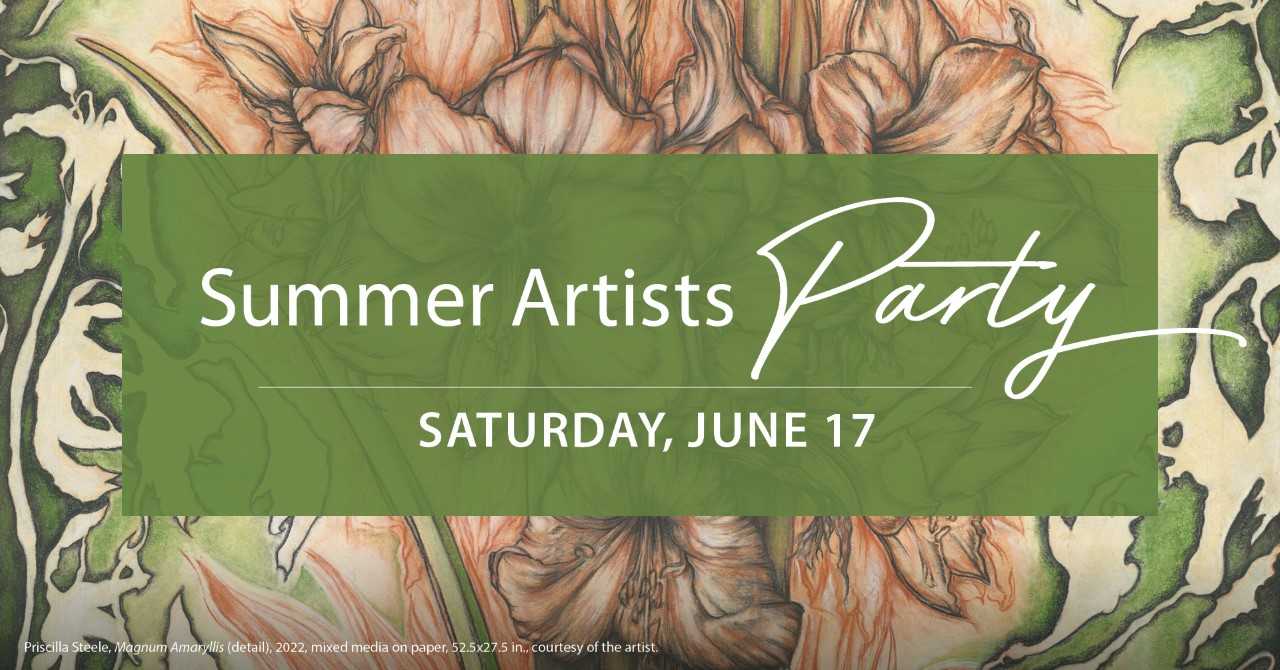 Summer Artists Party, Saturday June 17th. Image credit: Priscilla Steele, Magnum Amaryllis (detail), 2022, mixed media on paper, 52.5x27.5 in., courtesy of the artist.