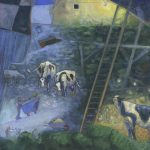 Lorraine Ortner-Blake, Feeding cows, 2021, Gouache on cotton paper, 16 x 16, Courtesy of the artist